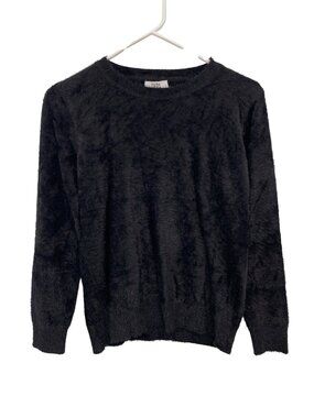 Tera Vera Sweater Small Fuzzy Knit Crewneck Long Sleeve Pullover Black Cozy NEW